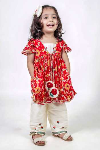 Label Kiaa_Red Silk, Cotton, Chiffon Bandhej Pattern Jacket Pant Set _Online_at_Aza_Fashions