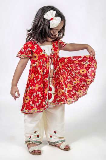 Shop_Label Kiaa_Red Silk, Cotton, Chiffon Bandhej Pattern Jacket Pant Set _at_Aza_Fashions