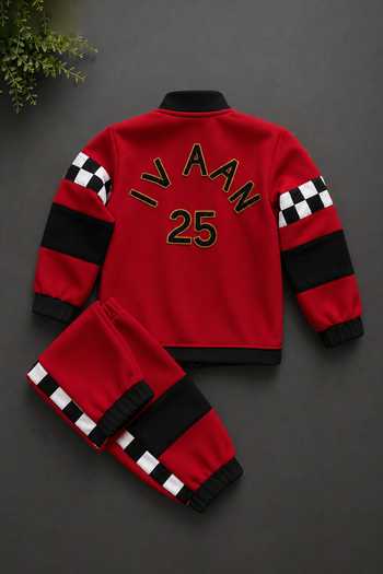 Shop_Label Kiaa_Red Racer Embroidered Jacket And Pant Set _at_Aza_Fashions