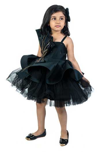 Label Kiaa_Black Taffeta, Net Flower Petal Embroidered Dress _Online_at_Aza_Fashions