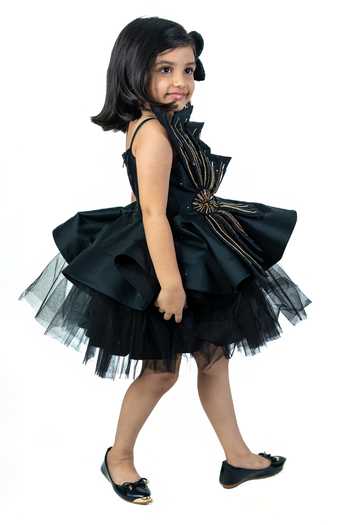 Shop_Label Kiaa_Black Taffeta, Net Flower Petal Embroidered Dress _at_Aza_Fashions