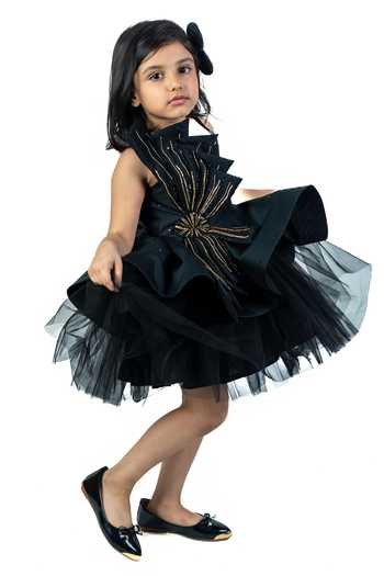 Buy_Label Kiaa_Black Taffeta, Net Flower Petal Embroidered Dress _Online_at_Aza_Fashions