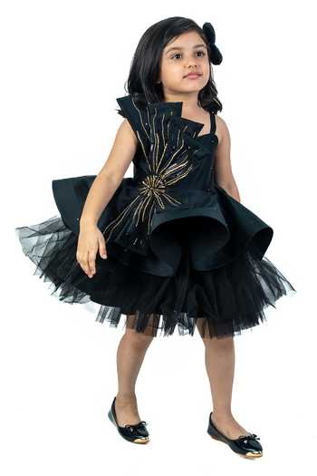 Shop_Label Kiaa_Black Taffeta, Net Flower Petal Embroidered Dress _Online_at_Aza_Fashions