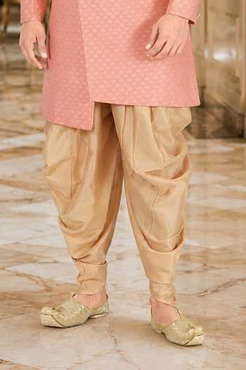 Jhambthreads_Peach Brocade, Cotton Self Design Sherwani And Peshawari Pant Set _Online_at_Aza_Fashions