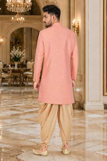 Shop_Jhambthreads_Peach Brocade, Cotton Self Design Sherwani And Peshawari Pant Set _at_Aza_Fashions