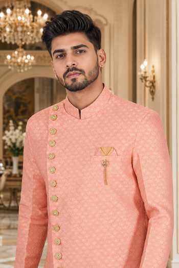 Buy_Jhambthreads_Peach Brocade, Cotton Self Design Sherwani And Peshawari Pant Set _Online_at_Aza_Fashions