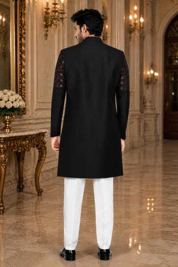 Shop_Jhambthreads_Black Silk, Cotton Patterned Yoke Sherwani And Polo Pant Set _at_Aza_Fashions