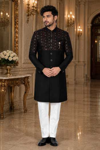 Buy_Jhambthreads_Black Silk, Cotton Patterned Yoke Sherwani And Polo Pant Set _at_Aza_Fashions