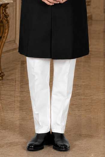 Jhambthreads_Black Silk, Cotton Patterned Yoke Sherwani And Polo Pant Set _Online_at_Aza_Fashions