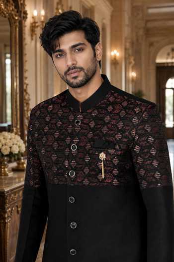 Buy_Jhambthreads_Black Silk, Cotton Patterned Yoke Sherwani And Polo Pant Set _Online_at_Aza_Fashions