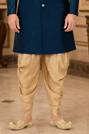 Jhambthreads_Blue Silk, Cotton Sherwani And Peshawari Pant Set _Online_at_Aza_Fashions