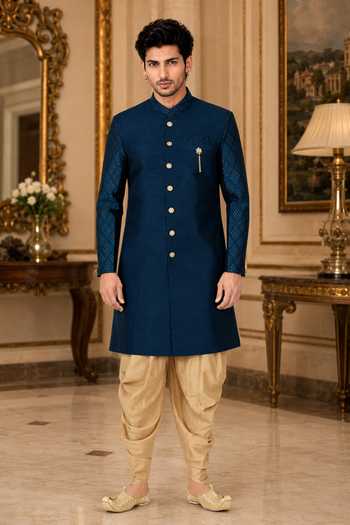 Buy_Jhambthreads_Blue Silk, Cotton Sherwani And Peshawari Pant Set _at_Aza_Fashions