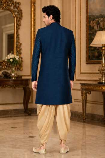 Shop_Jhambthreads_Blue Silk, Cotton Sherwani And Peshawari Pant Set _at_Aza_Fashions