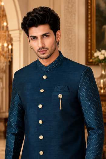 Buy_Jhambthreads_Blue Silk, Cotton Sherwani And Peshawari Pant Set _Online_at_Aza_Fashions