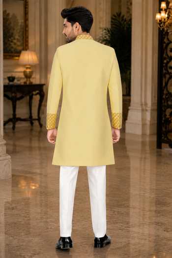 Shop_Jhambthreads_Yellow Silk, Cotton Sherwani And Pant Set _at_Aza_Fashions