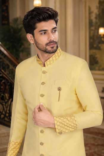 Jhambthreads_Yellow Silk, Cotton Sherwani And Pant Set _Online_at_Aza_Fashions