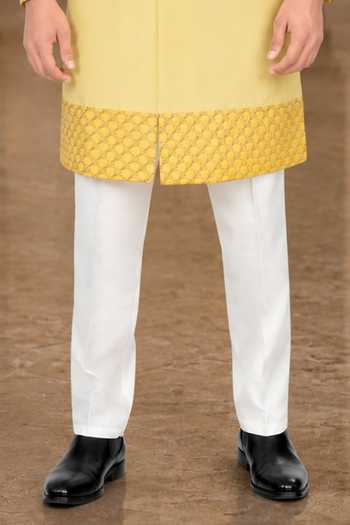 Buy_Jhambthreads_Yellow Silk, Cotton Sherwani And Pant Set _Online_at_Aza_Fashions