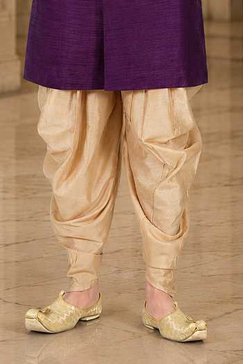 Jhambthreads_Purple Silk, Cotton Sherwani Jacket And Peshawari Pant Set _Online_at_Aza_Fashions
