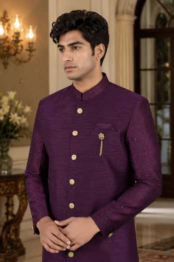 Buy_Jhambthreads_Purple Silk, Cotton Sherwani Jacket And Peshawari Pant Set _Online_at_Aza_Fashions