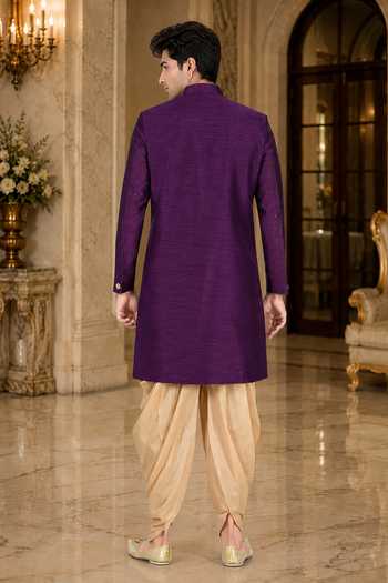 Shop_Jhambthreads_Purple Silk, Cotton Sherwani Jacket And Peshawari Pant Set _at_Aza_Fashions