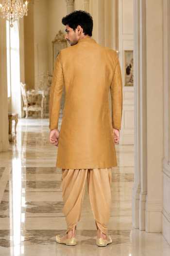 Shop_Jhambthreads_Gold Silk, Cotton Panelled Sherwani And Peshawari Pant Set _at_Aza_Fashions