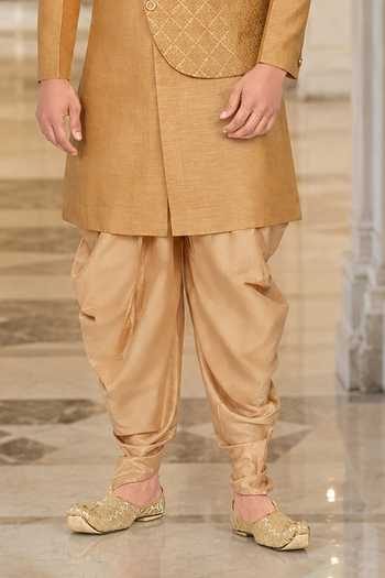 Jhambthreads_Gold Silk, Cotton Panelled Sherwani And Peshawari Pant Set _Online_at_Aza_Fashions
