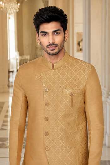 Buy_Jhambthreads_Gold Silk, Cotton Panelled Sherwani And Peshawari Pant Set _Online_at_Aza_Fashions