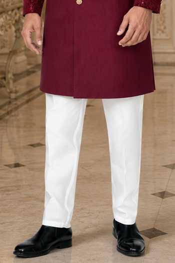 Jhambthreads_Maroon Silk, Cotton Embroidered Sleeve Sherwani And Pant Set _Online_at_Aza_Fashions