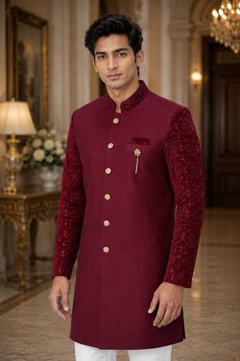 Buy_Jhambthreads_Maroon Silk, Cotton Embroidered Sleeve Sherwani And Pant Set _Online_at_Aza_Fashions