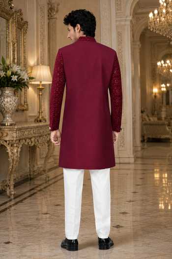 Shop_Jhambthreads_Maroon Silk, Cotton Embroidered Sleeve Sherwani And Pant Set _at_Aza_Fashions