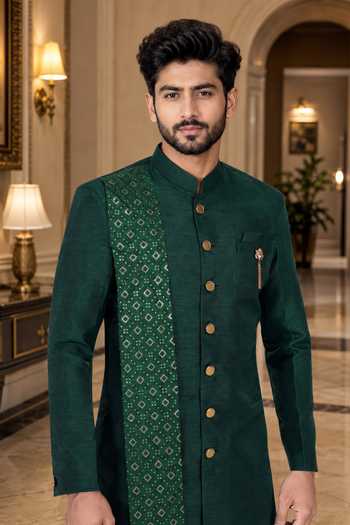 Jhambthreads_Green Silk, Cotton Draped Sherwani And Peshawari Pant Set _Online_at_Aza_Fashions