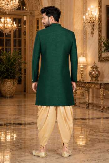 Shop_Jhambthreads_Green Silk, Cotton Draped Sherwani And Peshawari Pant Set _at_Aza_Fashions