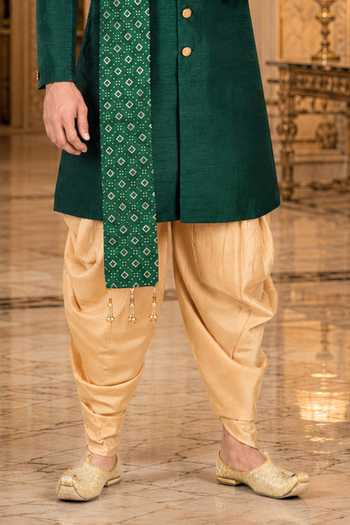 Buy_Jhambthreads_Green Silk, Cotton Draped Sherwani And Peshawari Pant Set _Online_at_Aza_Fashions