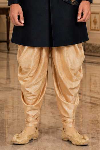 Jhambthreads_Gold Cotton, Silk Draped Sherwani With Peshawari Pant _Online_at_Aza_Fashions