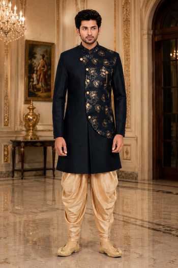 Buy_Jhambthreads_Gold Cotton, Silk Draped Sherwani With Peshawari Pant _at_Aza_Fashions