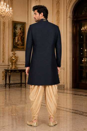 Shop_Jhambthreads_Gold Cotton, Silk Draped Sherwani With Peshawari Pant _at_Aza_Fashions
