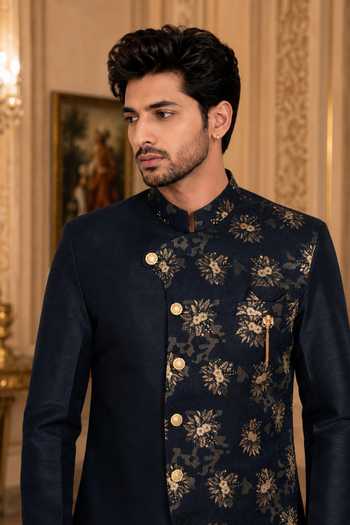 Buy_Jhambthreads_Gold Cotton, Silk Draped Sherwani With Peshawari Pant _Online_at_Aza_Fashions