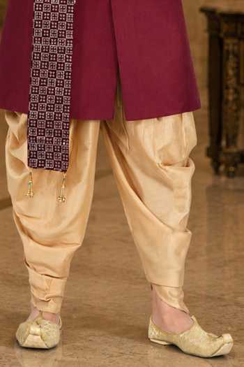 Jhambthreads_Maroon Silk, Cotton Sherwani And Peshawari Pant Set _Online_at_Aza_Fashions