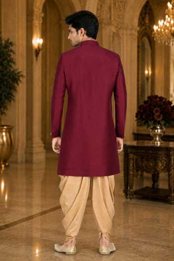 Shop_Jhambthreads_Maroon Silk, Cotton Sherwani And Peshawari Pant Set _at_Aza_Fashions