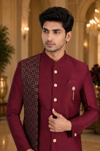 Buy_Jhambthreads_Maroon Silk, Cotton Sherwani And Peshawari Pant Set _Online_at_Aza_Fashions