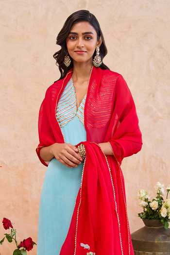 Taro_Blue Organza, Silk Satin V-neck, Yes Noorani Gota Patti Embellished Kurta Set _Online_at_Aza_Fashions