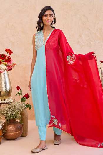Buy_Taro_Blue Organza, Silk Satin V-neck, Yes Noorani Gota Patti Embellished Kurta Set _Online_at_Aza_Fashions