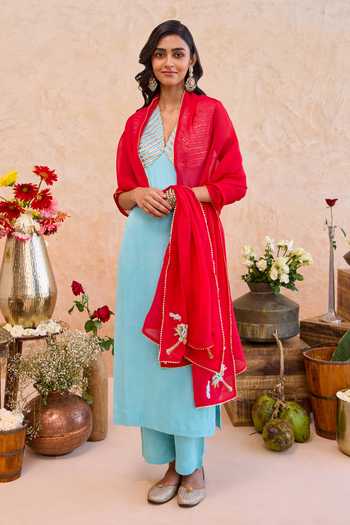 Buy_Taro_Blue Organza, Silk Satin V-neck, Yes Noorani Gota Patti Embellished Kurta Set _at_Aza_Fashions