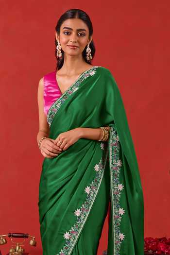 Taro_Emerald Green Silk, Satin V-neck Zariya Embroidered Saree With Blouse _Online_at_Aza_Fashions