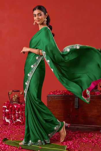 Buy_Taro_Emerald Green Silk, Satin V-neck Zariya Embroidered Saree With Blouse _Online_at_Aza_Fashions