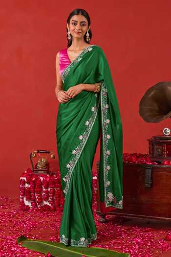 Shop_Taro_Emerald Green Silk, Satin V-neck Zariya Embroidered Saree With Blouse _Online_at_Aza_Fashions