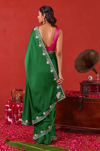 Shop_Taro_Emerald Green Silk, Satin V-neck Zariya Embroidered Saree With Blouse _at_Aza_Fashions