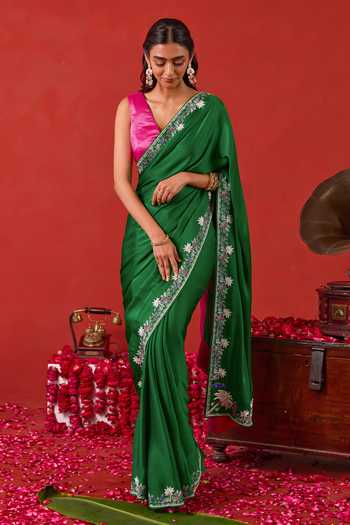 Buy_Taro_Emerald Green Silk, Satin V-neck Zariya Embroidered Saree With Blouse _at_Aza_Fashions