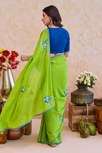 Shop_Taro_Green Silk, Crepe V-neck Parijata Embroidered Saree With Blouse _at_Aza_Fashions