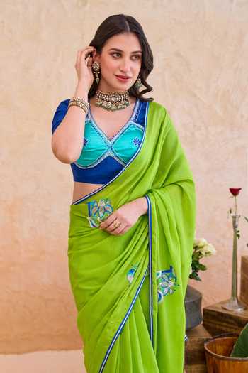 Taro_Green Silk, Crepe V-neck Parijata Embroidered Saree With Blouse _Online_at_Aza_Fashions